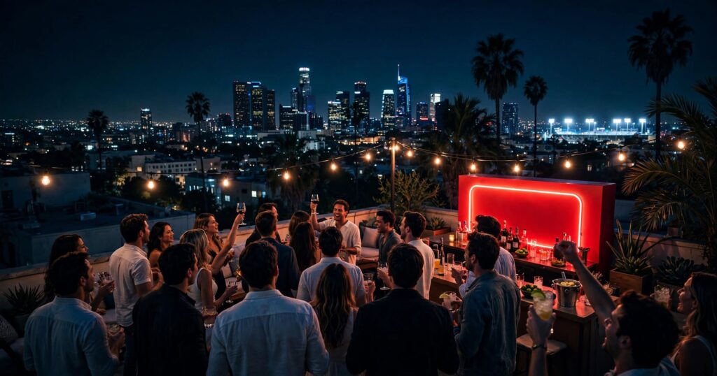 Super Bowl 2027 parties in Los Angeles: rooftop crowd at night with the downtown LA skyline and stadium floodlights behind