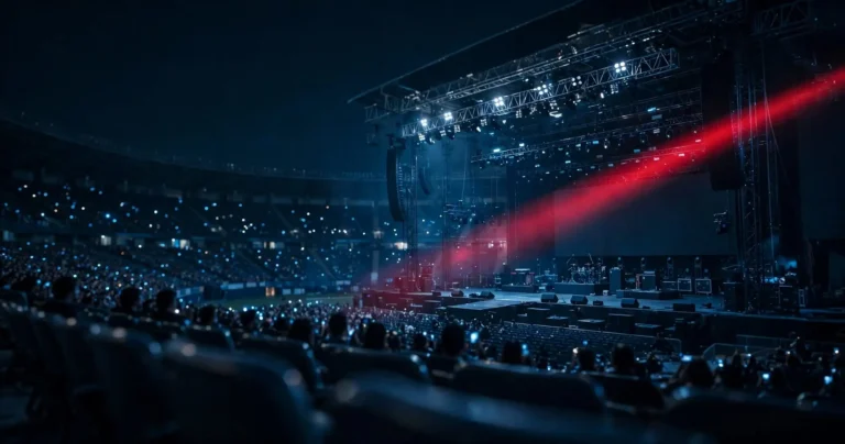 Super Bowl 2027 halftime show: stage lighting and rigging above a darkened stadium before the performance