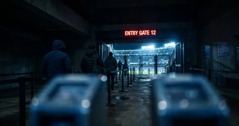 Super Bowl 2027 tickets: a stadium entry gate at night before the crowd arrives