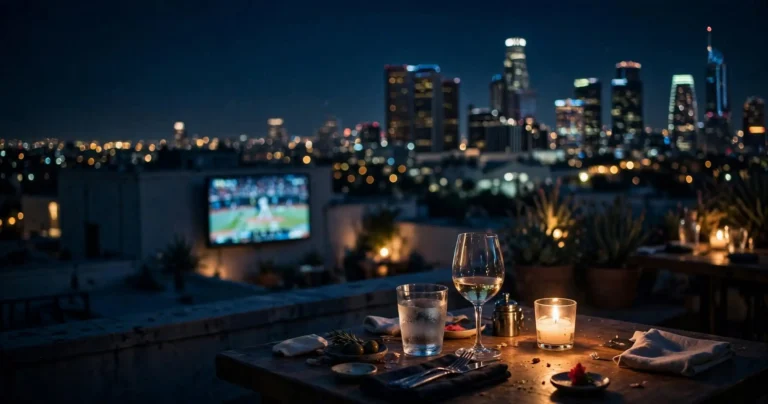 Super Bowl Valentine's Day 2027: a rooftop table for two in Los Angeles with the game on in the background
